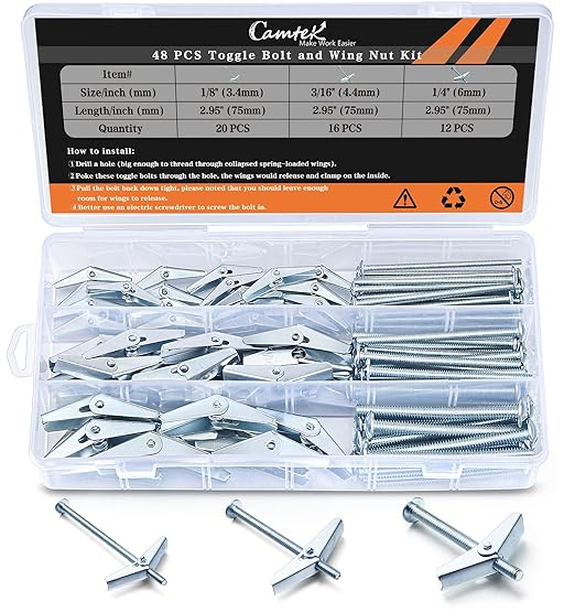 48PCS Toggle Bolt and Wing Nut Set, Hollow Wall Anchors, 1/8", 3/16", 1/4", Zinc Plated Steel Phillips Round Head Toggle Bolt and Wing Nut Assortment Kit for Hanging Heavy Items on Drywall