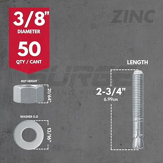3/8" x 2-3/4" Zinc-Plated Wedge Anchors for Concrete and Cement | Heavy-Duty 3/8 Concrete Anchors (Box of 50)