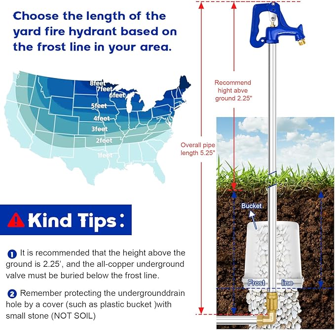 5.25FT Frost Proof Yard Hydrant,Freezeless Frost Free Outdoor Water Hydrant,3/4" Pipe Connection,Total Length 5.25ft,36’’Bury Depth,for Yard,Garden,Pasture Irrigation,Reliable Water Supply