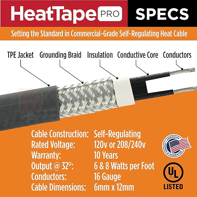 Radiant Solutions Company Heat Tape Pro - Self-Regulating Heat Cable - Long Term Ice Dam, Roofing, Gutter & Pipe Freeze Protection - 12 MM, 8 Watts Per Foot (1000, 240 Volt)