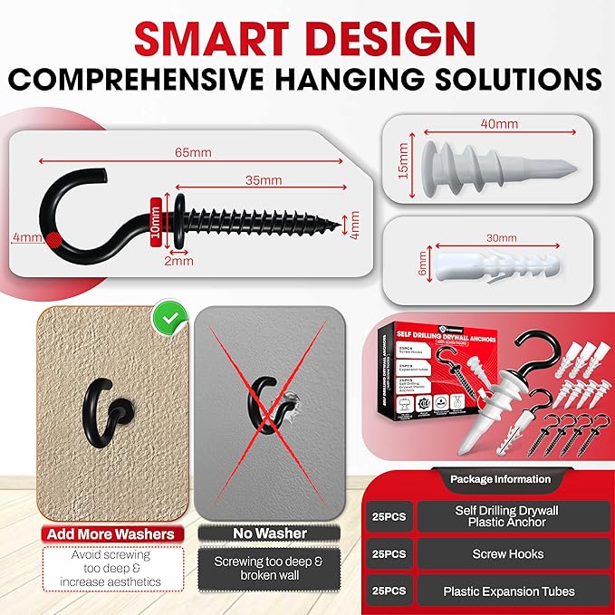 [Upgraded] 25 PCS Screw Hooks with Self-Drilling Drywall Anchors, Plastic Expansion Tubes Included, Heavy Duty Eye Hook, Screw in Hook for Hanging Plants, String Lights, Cup, Key
