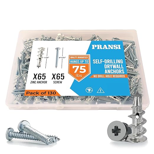 Zinc Drywall Anchors and Screws Kit – 130pcs #8 x 1-1/4” Self Drilling Metal Wall Anchors – Heavy Duty Drywall Anchors Hold Up to 75lbs – No Pre-Drill Required