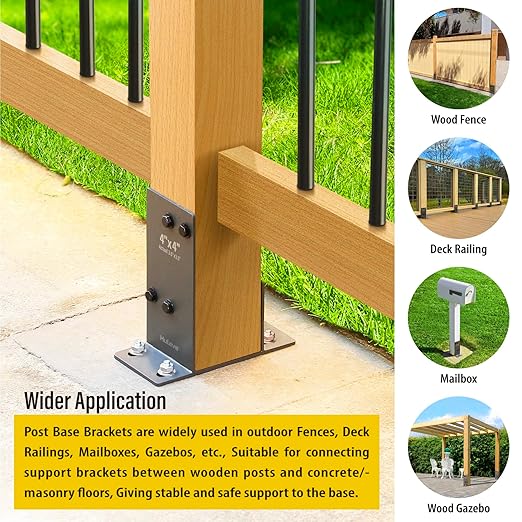 Hulave 4 Pack Stainless Steel 4 x 4 (Actual: 3.5" x 3.5") Post Base, Suitable for Terrace Railing, Fence, Mailbox, Gazebo, Porch, etc Concrete Support Anchor Base Post Anchor Bracket (Dark Gray)