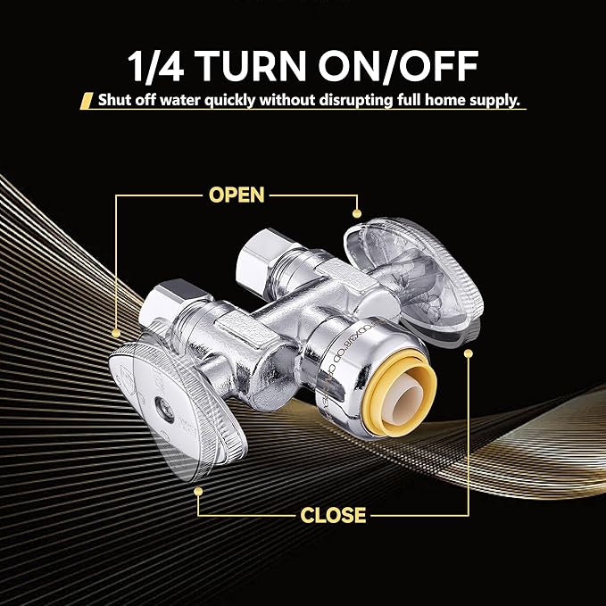 10-Pack Foskan Dual Outlet Push Fit Straight Stop Valve,1/4 Turn Straight Shut off Valve,1/2" Push Fit x 3/8" OD x 3/8" OD,Chrome Plated Brass