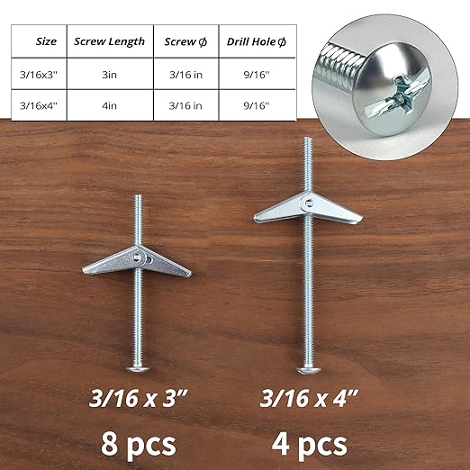 HASWARE Toggle Bolt Zinc Plated Steel and Wing Nut for Hanging Heavy Items on Drywall 3/16 Multi (12 Pack)