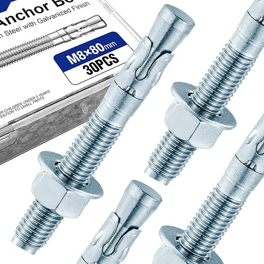 30Pcs 5/16" × 3-1/8" Concrete Anchor Bolts, Zinc Plated Carbon Steel Wedge Anchors for Cement, Brick, and Masonry
