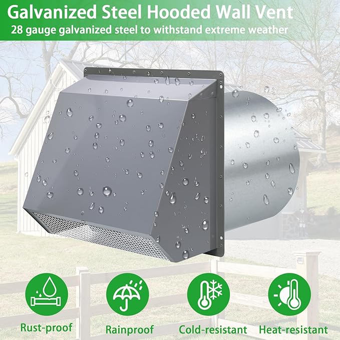 6 Inch Hooded Wall Vent with Screen and Damper,6 Inch Exhaust Vent Cover Cap for Outdoor Kitchen Range Hood Dryer Ventilation,Outside Wall Mount Extractor for House Air Exhaust,Galvanized Steel,Gray