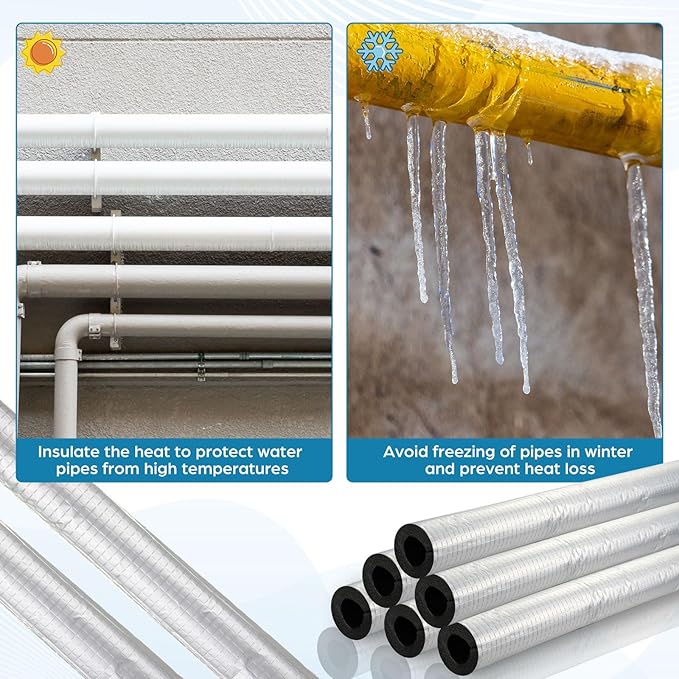 Tondiamo 8 Pcs 3 FT Pipe Insulation Foam Tube Self Adhesive Insulation Foam Wrap with Aluminum Foil Tape & Cable Ties for Tubing Heat Preservation Winter Outdoor Freeze Protection(1.5 Inch)