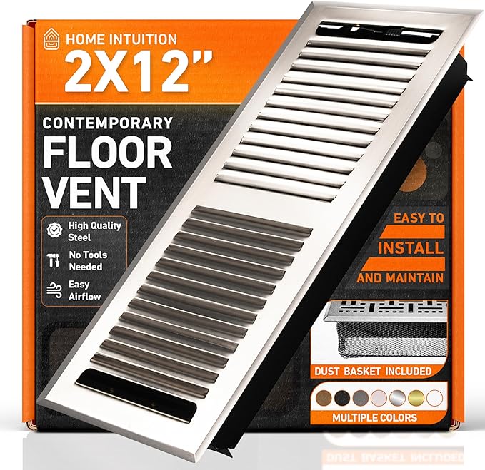 2X12 Floor Vent Covers Floor Register with Mesh Cover Trap, Heat and Air, Walkable Metal Floor Vent for HVAC Duct, Contemporary, Satin Nickel
