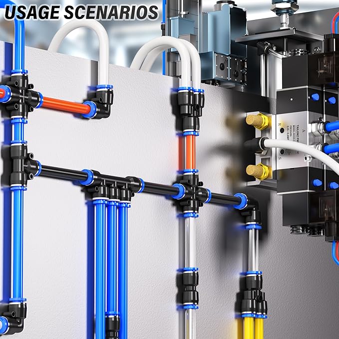 TAILONZ PNEUMATIC 1/4"3/8"1/2"1/8" Blue Straight and Elbow Push to Connect Fittings Air Hose Fittings,Suitable for Nylon/Polyurethane Air Tube and Other Connection Kits 64PCS