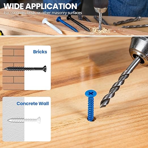 100PCS Concrete Screws Assortment Kit, 3/16" Flat Head Masonry Screws with Drill Bit and Driver Bit, Cement Screws for Concrete Brick, Diamond Point