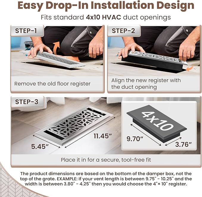 Floor Register 4x10 Vent Cover – Heavy-Duty Steel, Rustproof & Walkable Grates, Easy Drop-in Install, Adjustable Air Supply Switch - Decorative Floral Design, Brushed Nickel