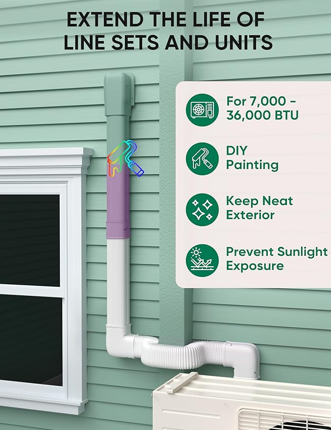 4" 19.5Ft Mini Split Line Set Cover, PVC Ductless Air Conditioner Decorative Pipe, Pump Covers, AC Line Cover Kit, for Outside Units Air Conditioners & Heat Pumps, All in One Set
