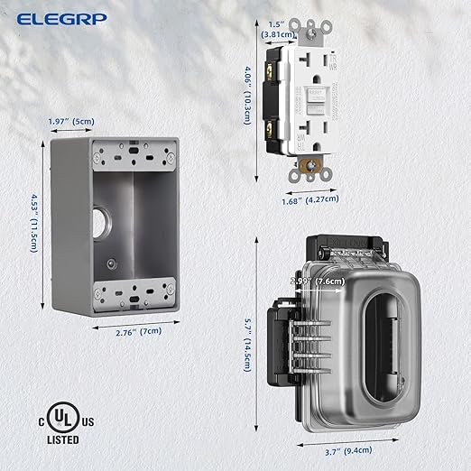 ELEGRP Outdoor GFCI Outlet with in Use Cover and Box Kit, 1 Gang, 20 Amp TRWR Self-Test GFI Receptacle, Extra Duty Metallic Electrical Outlet Box, Lockable in Use Cover, UL Listed, White, 2 Pack