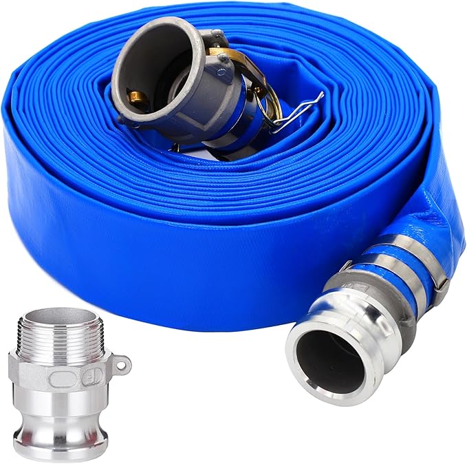 DAVCO 1-1/2" ID × 100 ft PVC Lay Flat Discharge Hose, Heavy Duty Reinforced Blue Pool Backwash Hoses For Swimming Drain Pools, with Aluminum Camlock C and E Fittings, Cam Lock Fitting Type F included