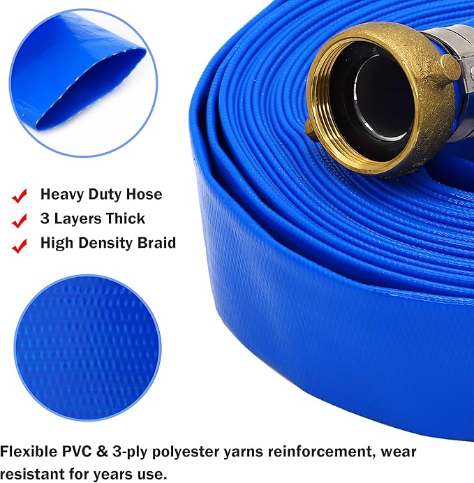 2" ID x 100 ft PVC Lay Flat Discharge Hose with Aluminum Pin Lug Fittings, Heavy Duty Reinforced Blue Backwash Pump Hoses for Swimming Drain Pools and Clean Filters