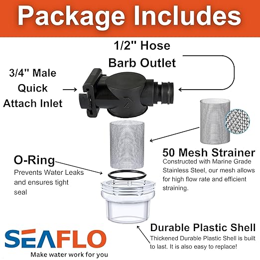 SEAFLO Inline Water Pump Filter 52S02-3/4" Male Quick Attach with 1/2" Hose Barb, 50 MeshSteel Strainer with Plastic Shell, Fits SEAFLO 56 Series Pumps, RV, Marine, Agriculture, Lawn Care (1-Pack)
