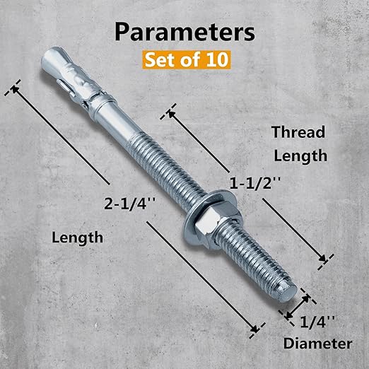 Party Animals 1/4 x 2-1/4 Inch Wedge Anchor, 10 PCs Zinc-Plated Industrial Anchor Bolts for Cement, Concrete