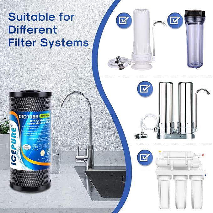 ICEPURE 10"X4.5",1 Microns Whole House Sediment Activated Carbon Water Filter Compatible with Dupont WFHDC8001, EP Series,EPM Series, CB-BB-10, GE FXHTC, GXWH40L, GXWH35F, GNWH38S, CTO10BB,2PACK