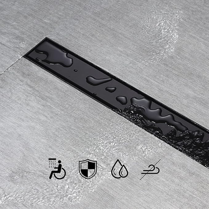 SaniteModar Linear Shower Drain, Black Linear Drain 36 inch with Flat and Tile Insert 2 in 1 Panel, AISI 304 Stainless Steel Black Shower Floor Dain with Hair Strainer and Leveling Feet