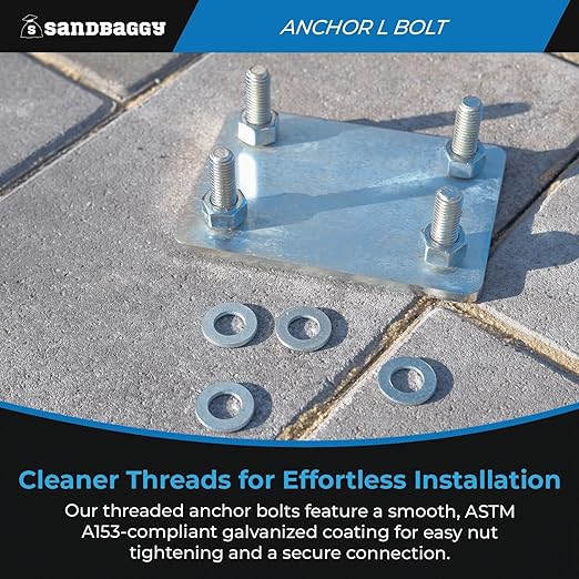 Sandbaggy 1/2" x 8" Threaded Concrete Anchor L-Bolts (Nuts & Washers Included) - Hot Dipped Galvanized - Sill Plate, Base Plate, Masonry, Wood, Cement Anchors, J Bolt (600, 1/2" x 8")