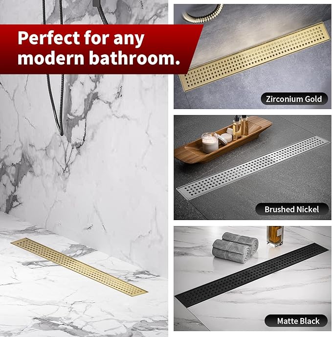 Sharp-tec 28 inch Linear Shower Drain, Gold Rectangular Floor Drain, V-Shape Design Drain Channel, 304 Stainless Steel, cUPC Certificated for Bathroom Shower Room (Drain Base is Not Included)