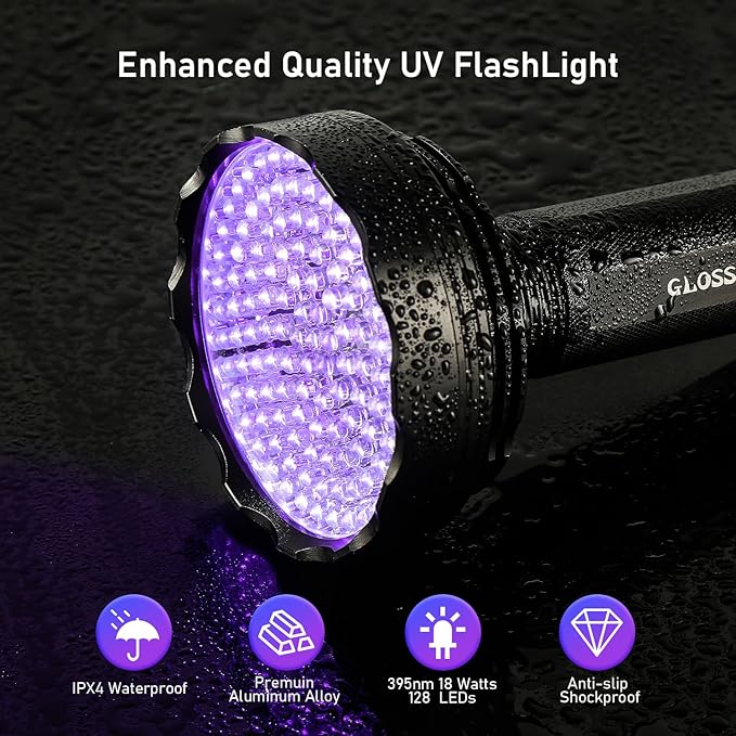 Blacklight Flashlight,128 LED UV Flashlights, Upgraded Bright Ultraviolet Flashlight Professional Black Light for Dog/Cat, Hunting Scorpions