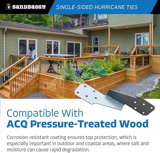 Sandbaggy Single-Sided Hurricane Ties - Hot Dipped Galvanized, 18 Gauge - Structural Wood Framing Connectors for Rafters, Trusses, Deck Joists (Single-Sided, 10, Count)