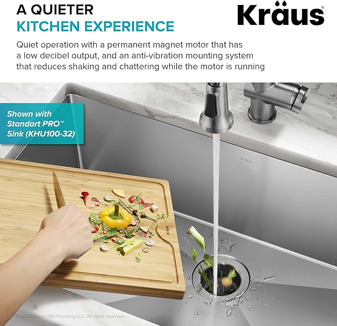 KRAUS WasteGuard 1/2 HP Continuous Feed Ultra-Quiet Motor Garbage Disposal with Quick Connect Mount, Power Cord and Flange Included, KWD110-50MBL