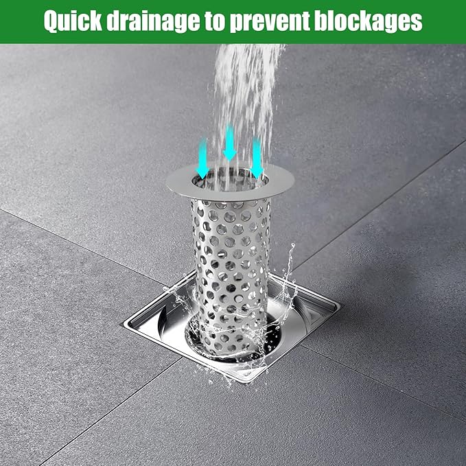 3'' Commercial Floor Drain Strainer, 4" Tall 304 Perforated Cylindrical Mesh Stainless Steel Drain Strainer for Factory/Kitchen/Hospital/Restaurant (Silver, 4" Tall x 3" Diameter)