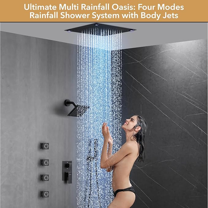 VANFOXLE Shower Faucet Set Matte Black Shower System,Shower Faucet with 2 in 1 Handheld,Ceiling Mount 16 Inch LED Shower Head+6 Inch Shower Head(Rough-in Valve Body and Trim)
