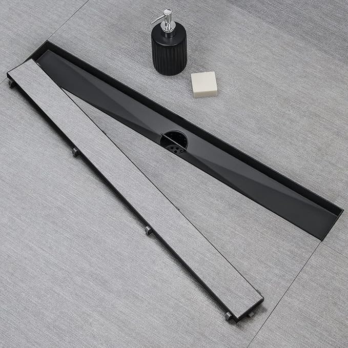 SaniteModar Linear Shower Drain, Black Shower Drain 18 inch with Flat and Tile Insert 2 in 1 Panel, 304 Stainless Steel Black Shower Linear Floor Drain with Hair Strainer and Leveling feet