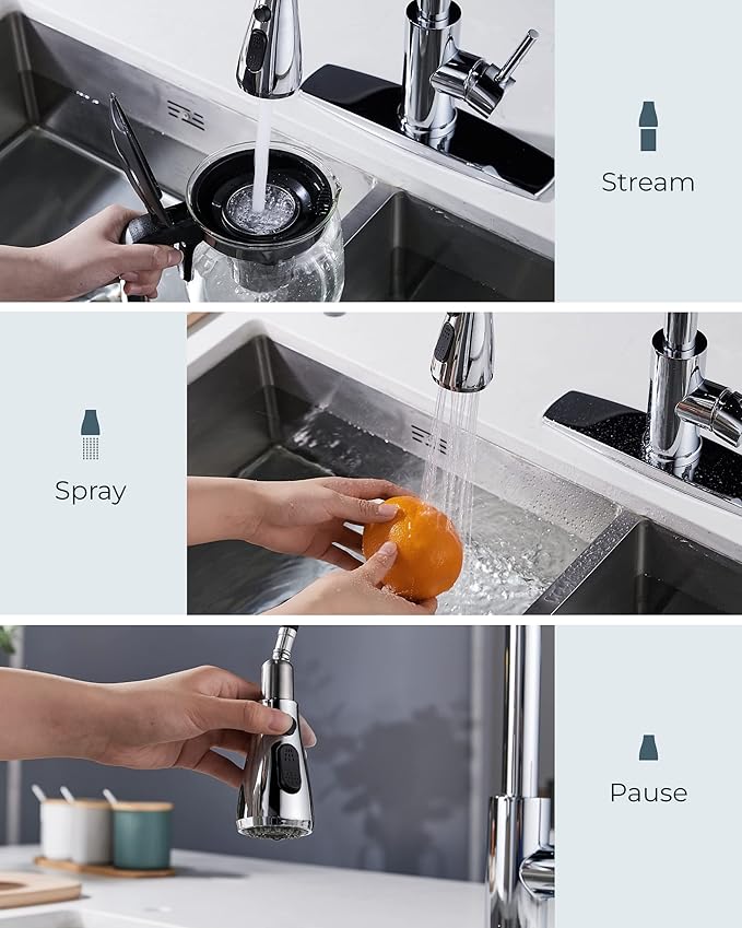 FORIOUS Kitchen Faucet with Soap Dispenser Chrome, Single Handle Stainless Steel Transitional Sink Faucet with Pull Down Sprayer 1 or 3 Hole, Suitable for Farmhouse Laundry Camper RV Bar