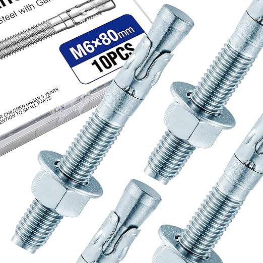 20Pcs 1/4" × 3-1/8" Concrete Anchor Bolts, Zinc Plated Carbon Steel Wedge Anchors for Cement, Brick, and Masonry