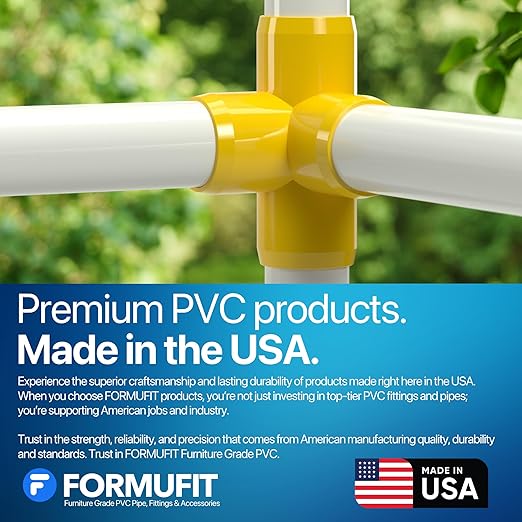 FORMUFIT 3/4” 4-Way Tee Furniture Grade PVC Fitting in Yellow, Made in USA, UV-Resistant, Impact-Proof, 1.050” Actual Socket Diameter (Pack of 8) - F0344WT-YE-8