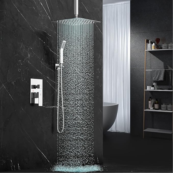SR SUN RISE SRSH-C1003 Ceiling Mount Bathroom Luxury Rain Mixer Shower Combo Set Rainfall Shower Head System 10 Inch Polished Chrome (Contain Shower Faucet Rough-In Valve Body and Trim）