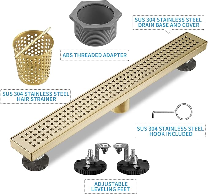 Linear Shower Drain 28 Inch Rectangular, Brushed Gold Shower Drain, 51L/Min Fast Drainage SUS-304 Stainless Steel Floor Linear Drain, US Standard CUPC Certified, Zirconium Gold, SD-112-28ZG