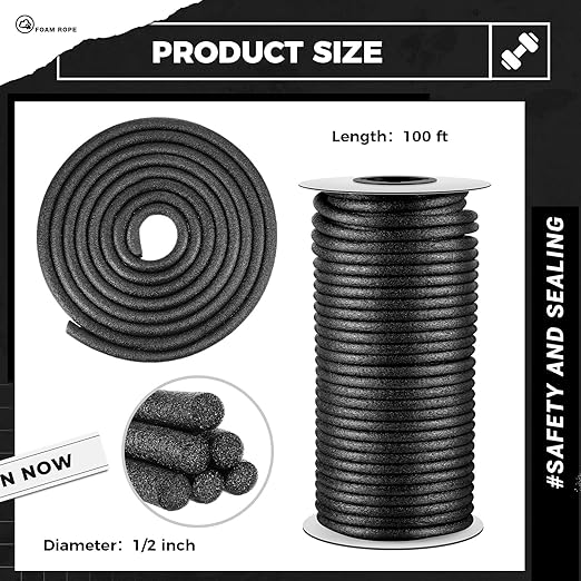 1/2 Inch x 100 ft Foam Backer Rod for Gaps Joints Concrete Crack Filler Caulk Saver Bulk Foam Backing Rod Concrete Filler Rope for Weather Stripping Door Seal (Black)
