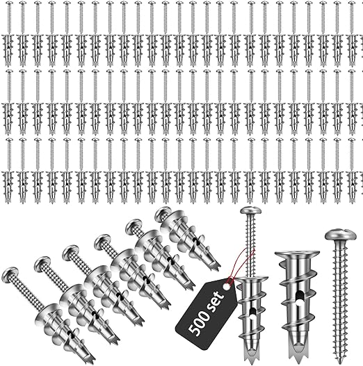 1000 Pieces Zinc Self-Drilling Metal Drywall Anchors with Screws Kit, Bulk Heavy Duty Wall Anchors and #8 x 1-1/4'' Screw (500 Anchors+500 Screws) Includes