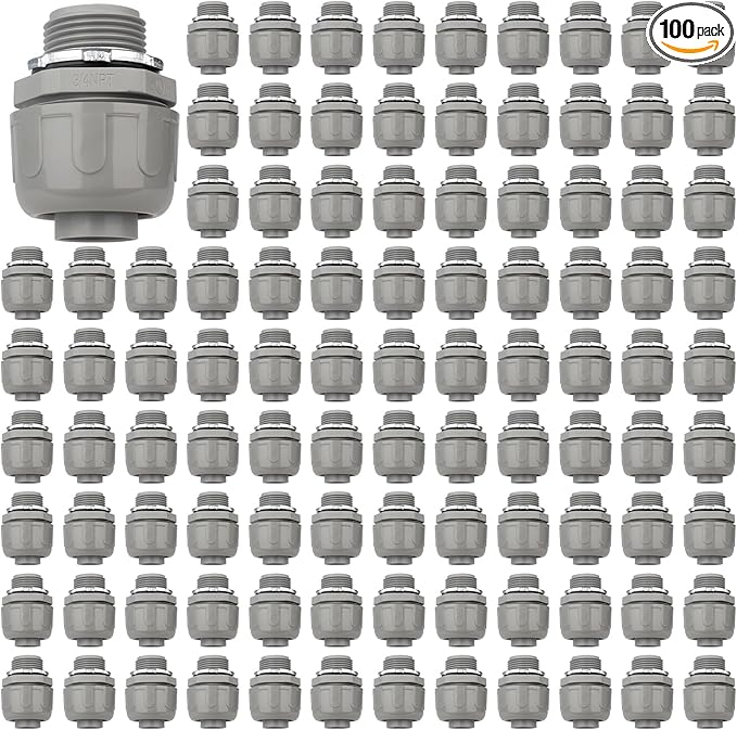 Conduit Connectors, 3/4 Inch Liquid Tight Connector NPT Non-Metallic for PVC Electrical Flexible Conduit Fittings, 180 Degree Straight, UL Listed for Home Outdoor Tubes Tools, Grey (100-Pack)