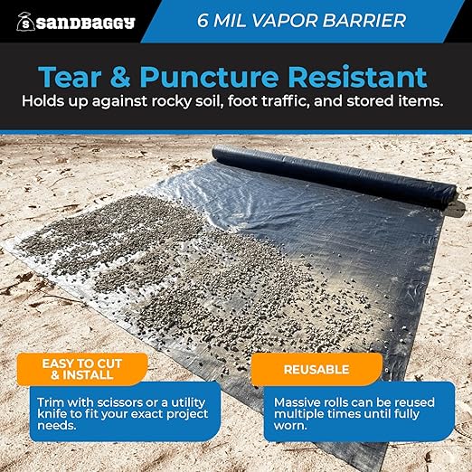 Sandbaggy 10 ft x 100 ft Vapor Barrier 6 Mil | Polyethylene | Black Plastic Sheeting Rolls | Moisture Barrier for Crawl Spaces, Concrete and Laminate Underlayment, Walls (1 Roll)