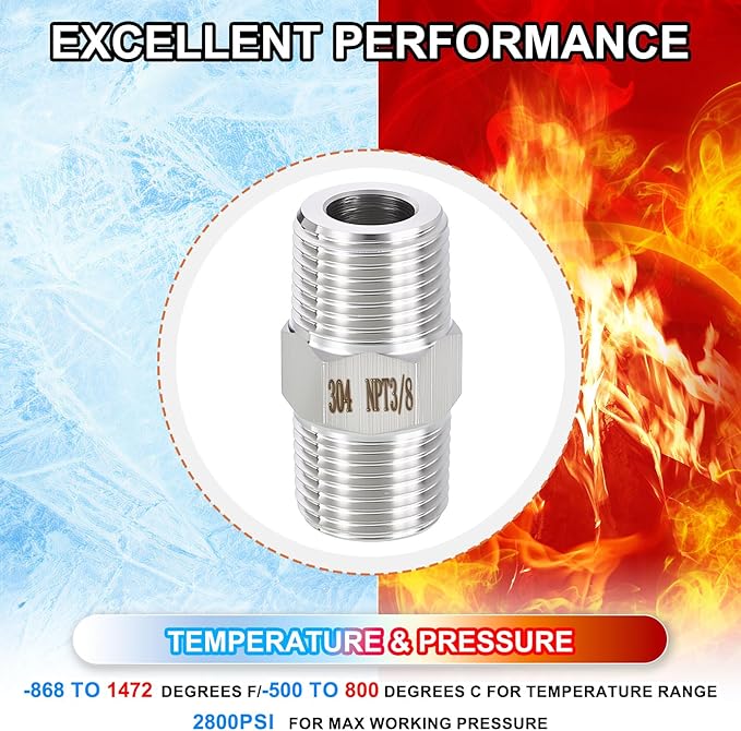 6 Pack 304 Stainless Steel Male to Male Adapter, 3/8" Male NPT x 3/8" Male NPT Hex Nipple Pipe Extension Fitting for Industrial, Automotive, Fluid Transfer, Home Gardening, Water