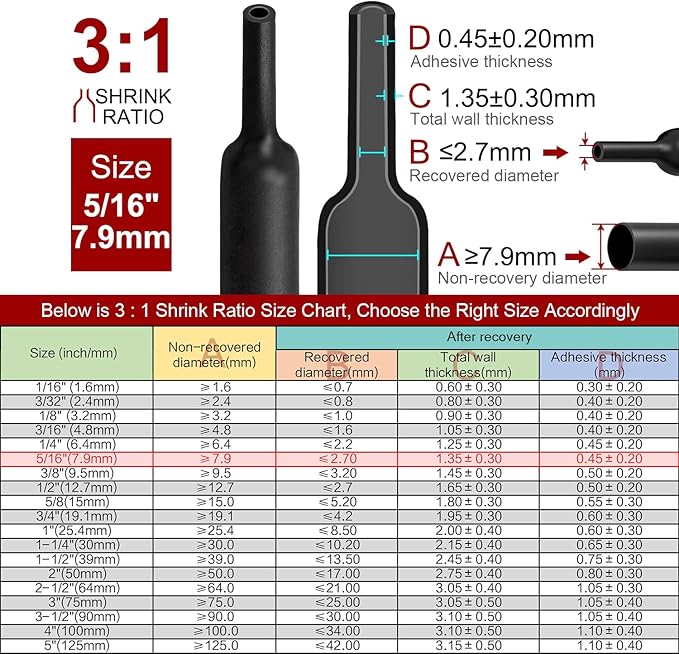 Chanzon 3:1 Ratio 5/16" (7.9mm) Heat Shrink Tubing - Marine Grade Waterproof Adhesive Lined - 8Ft Roll (2.5M Total Length) Black Polyolefin Sleeving Wrap Shrinking 3 to 1 Ratio 1pcs