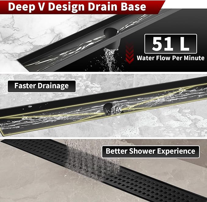 Sharp-tec 24 inch Linear Shower Drain, Black Rectangular Floor Drain, V-Shape Design Drain Channel, 304 Stainless Steel, cUPC Certificated for Bathroom Shower (Drain Base is Not Included)