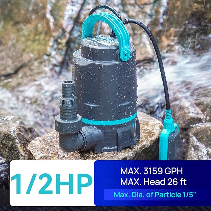 Aquastrong 1/2 HP Utility Pump 3159 GPH Submersible Water Pump with Float Switch, Draining Flooded Basement, Pool, Hot Tub, Pond, Garden Irrigation, 10ft Cord