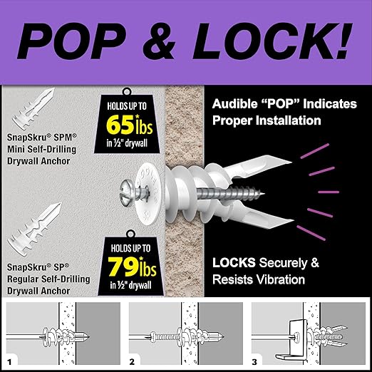 TOGGLER 57125 Self Drilling Snapskru Drywall Anchors with Screw 50-Pieces Pack