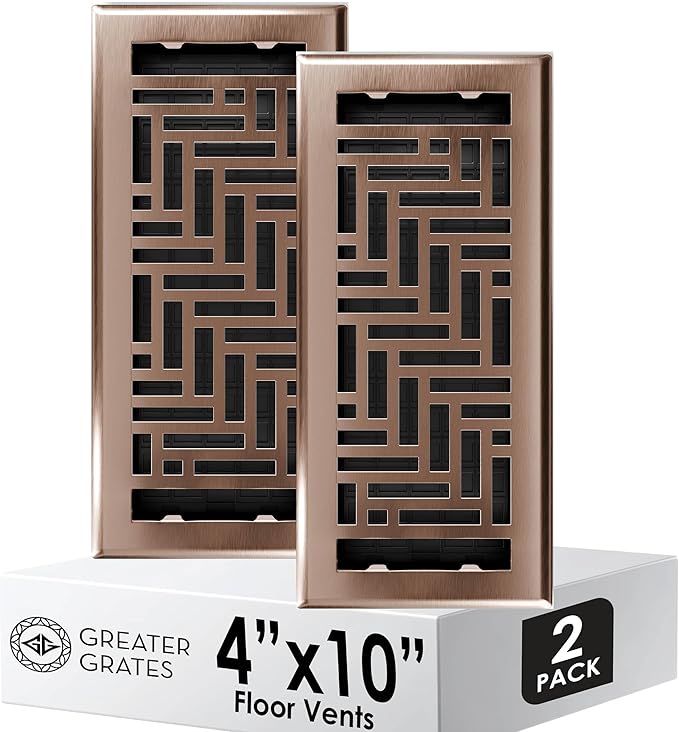 Floor Register 4x10 Vent Cover – 2 Pack – Heavy-Duty Steel, Rustproof & Walkable Grates, Drop-in Install, Adjustable Air Supply Switch - Decorative Herringbone Design, Satin Bronze