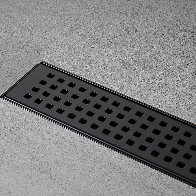 Linear Shower Floor Drain, Matte Black 32 Inch 304 Stainless Steel Bathroom Drains Kit, Long Rectangular Shower Trench Drain with Square Pattern Drain Cover & Hair Catcher