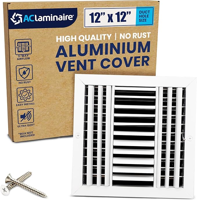 12x12 Inch (Duct Opening) Aluminum 3-Way Air Flow Vent – HVAC Vent Cover for Wall or Ceiling – Quiet HVAC Wall Register - Multi-Shutter Damper – Adjustable Curved Blade - Plastic Seal for Tight Fit