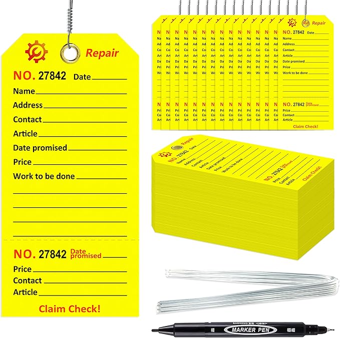 500 Pcs Repair Tags with Hole and Wire Maintenance Service Tags 2.6 x 5.25 Inch Numbered for Machinery & Office Service Tickets Equipment Maintenance Price Notice with Stub Yellow (500)